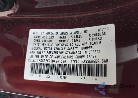 2013 Honda Accord Ex from USA, damaged, VIN 1HGCR2F78DA261588